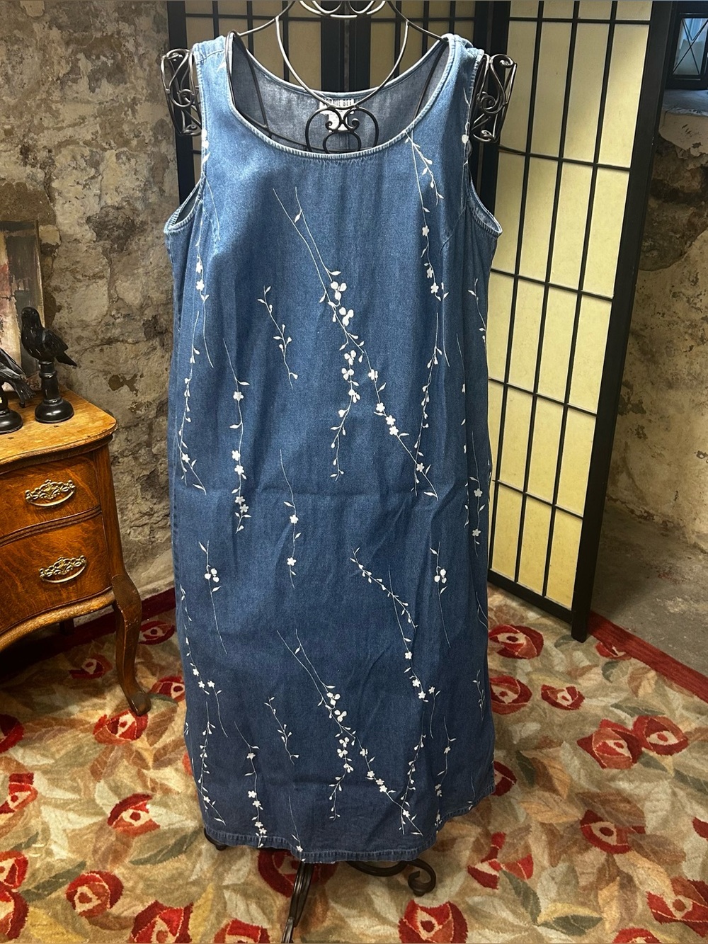 VTG 90s Robbie Bee Denim White Floral Print Sleeveless Maxi Dress: Size 18W